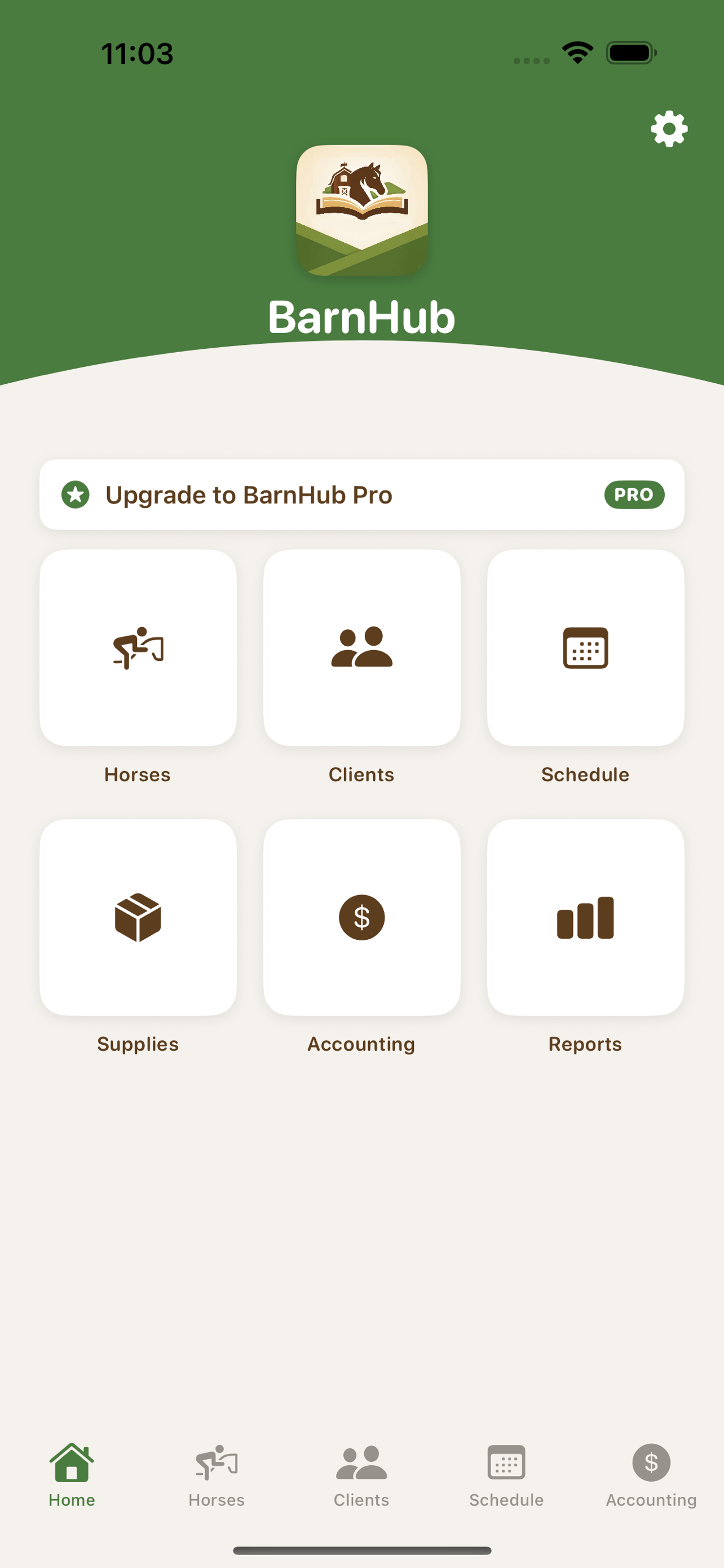 BarnHub home screen